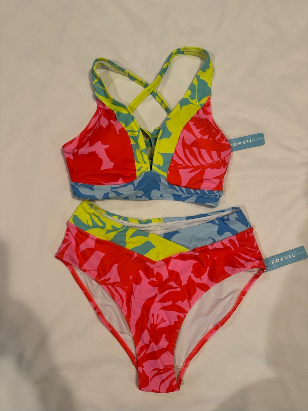 POPVIL Neon Tropical Two-Piece Swimsuit - Red, Pink, Lime, Blue, Women’s Small